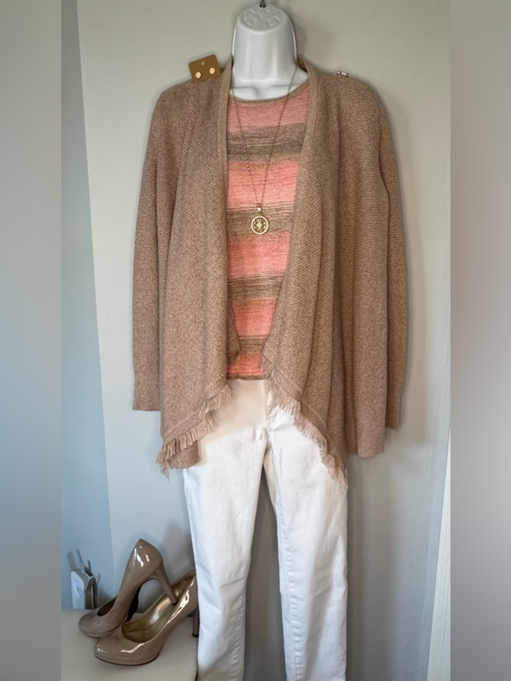 White House Black Market Beige Fringe Open-Front Cardigan